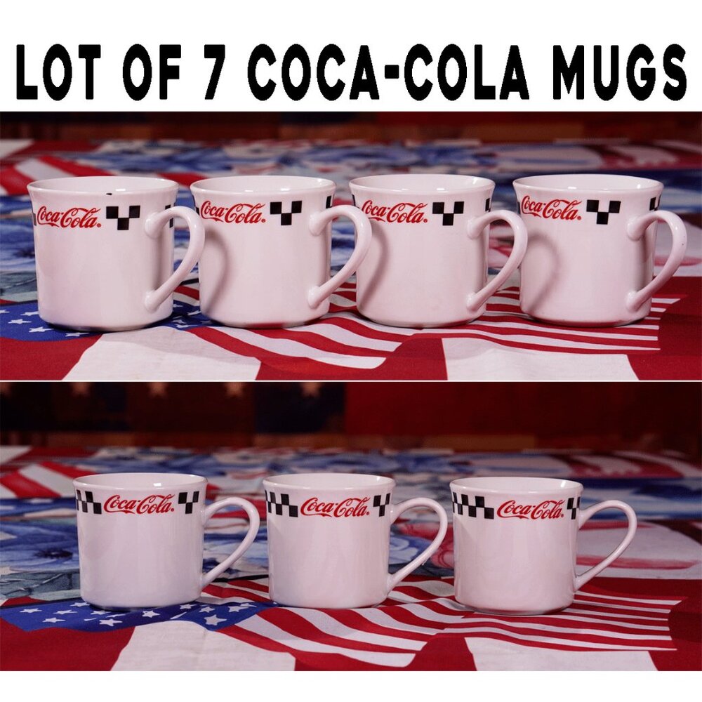 Lot of 7 Vintage Coca-Cola Diner Mugs Gibson Checkered Racing Stripe Coffee Cups